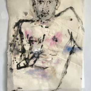 Ömer, 2020, 76 x 52, model painting on ricepaper, vernis graveur, acrylic paint, collage