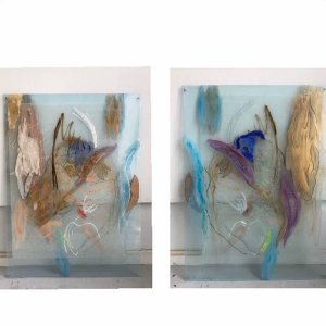 Harbor, 2020, 95 x 70, mixed media and wood on/behind/between 						two layers of transparent perspex, back and front sides of the same work